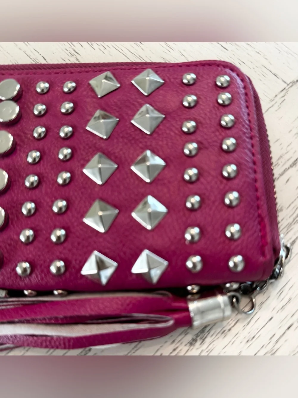 Fuchsia Pink Studded Zip Around Wallet Silver Hardware Tassel Y2K